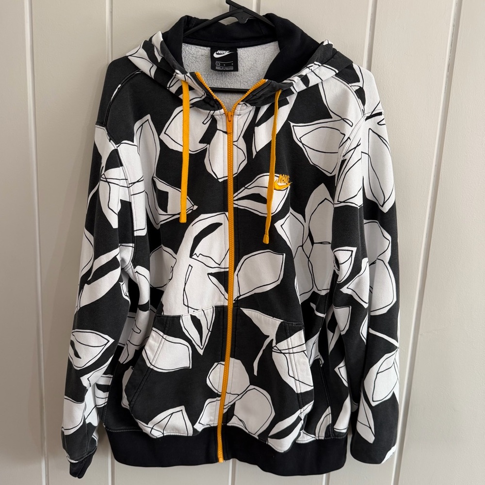 Nike Full Zip Hoodie Black White Graphic Print Yellow Zip Size Large